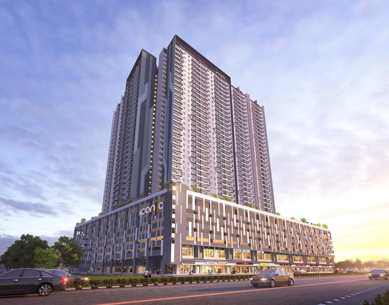 Iconic Harmony 36-storey freehold condominium in Alma, Bukit Mertajam at dusk