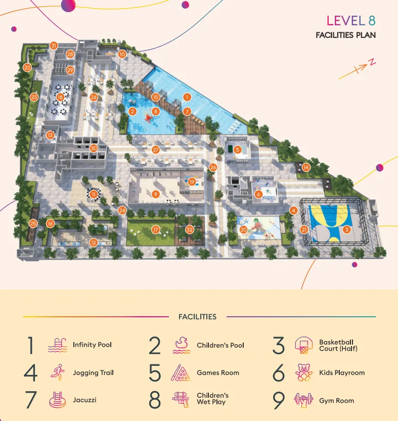 Iconic Harmony Level 8 facilities plan with infinity pool, gym and basketball court
