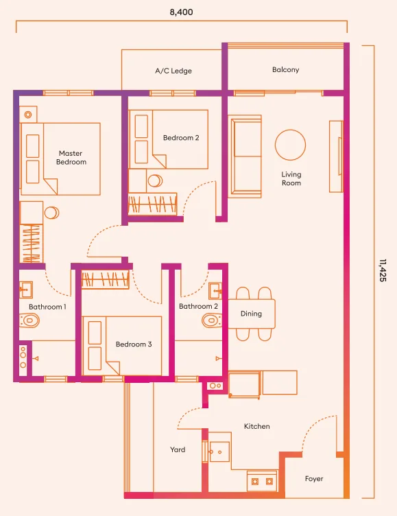 Iconic Harmony 900 sqft 3-bedroom 2-bathroom floor plan