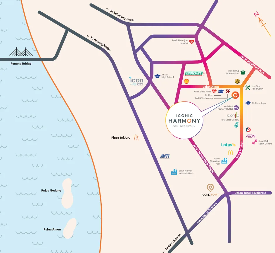 Iconic Harmony illustrated location map showing AEON, Lotus's, schools and Penang Bridge access
